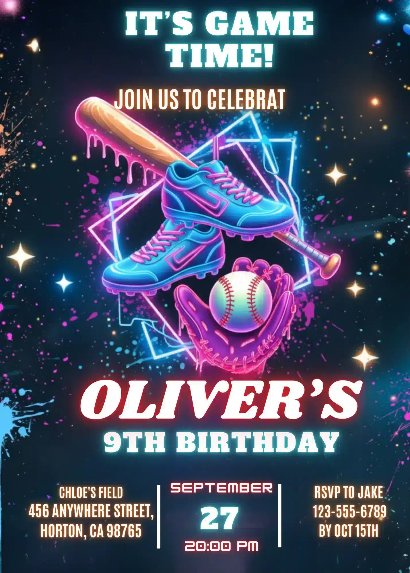 Neon Baseball Birthday Invitation | Vibrant Sports Party Template