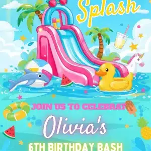 Water Slide Summer Pool Party Birthday Invitation for Girls