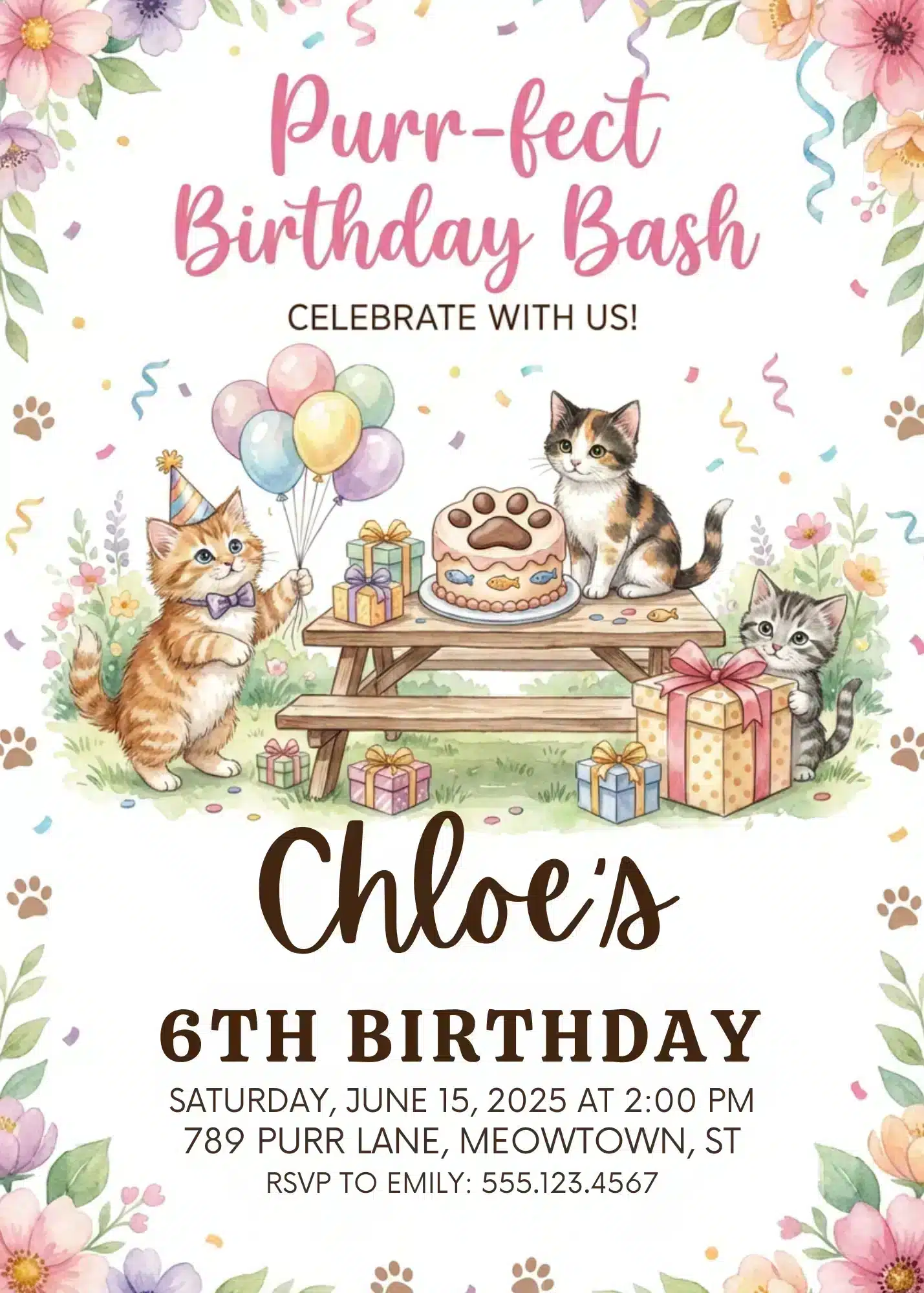 Let's Pawty Cat Birthday Invitation | Girls Party Template