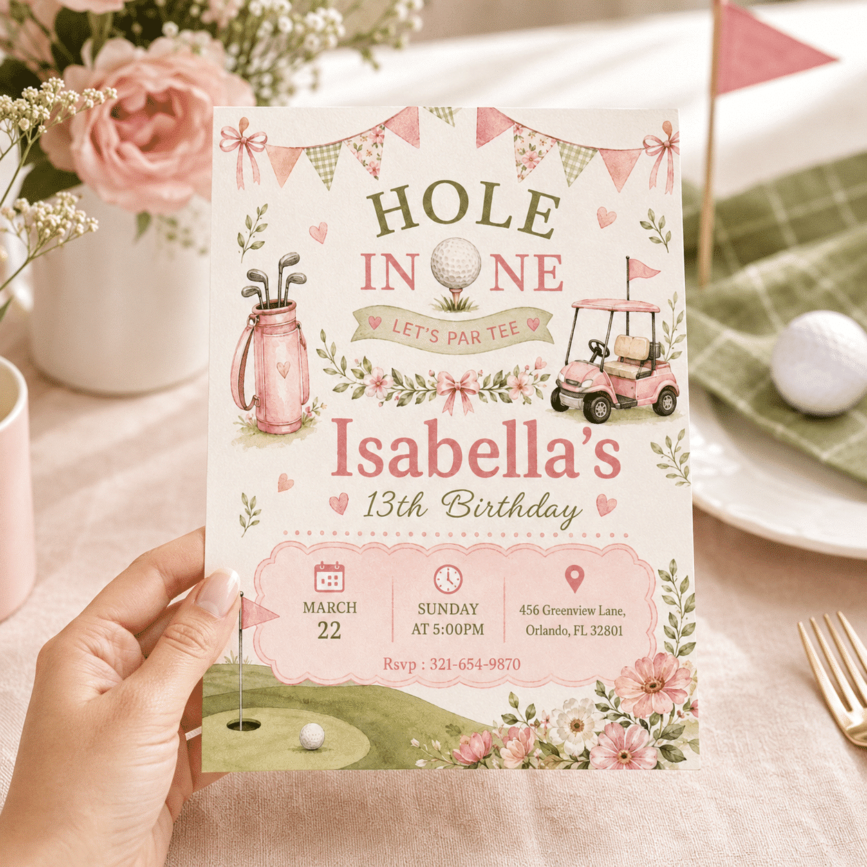 Glow Golf Birthday Invitation | Editable Canva Girl's Sports Party