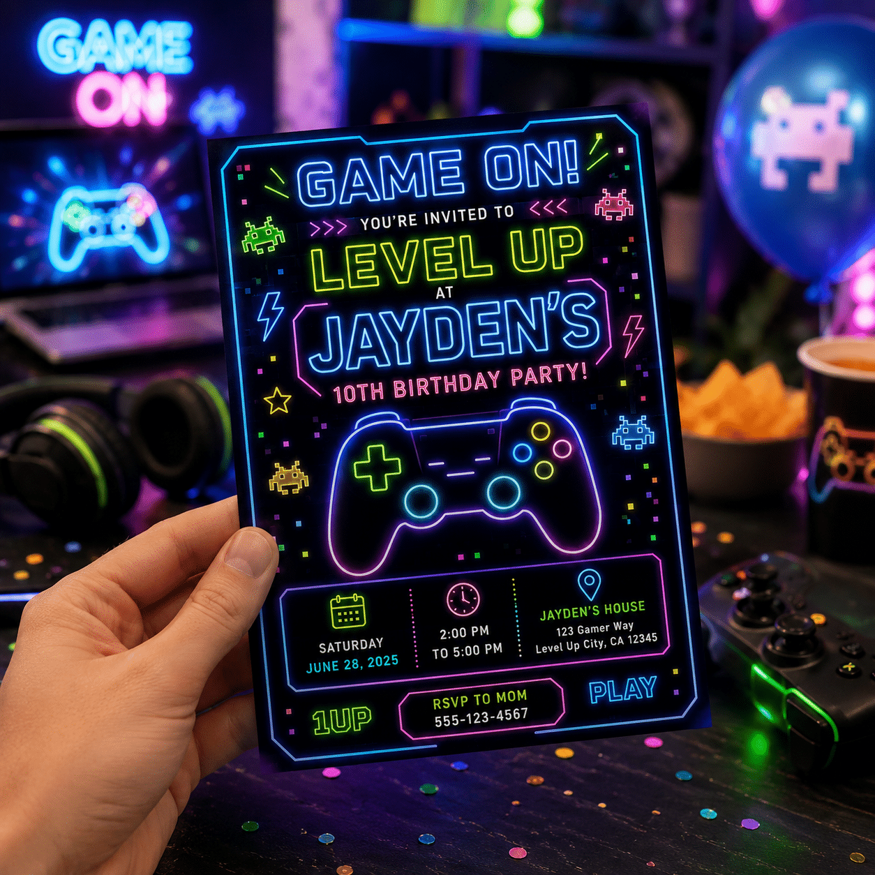 Neon Video Game Birthday Invitation | Canva Gamer Party