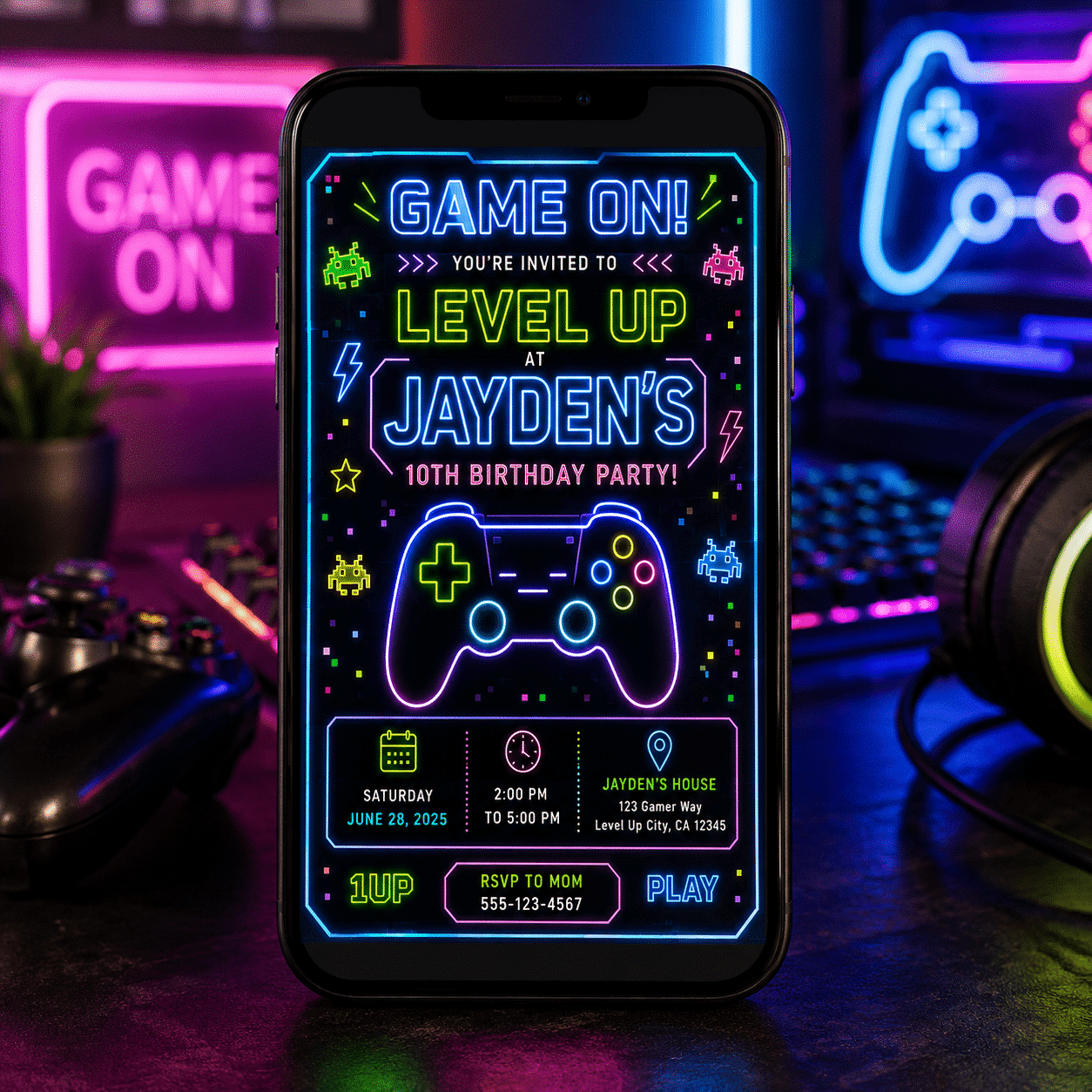 Neon Video Game Birthday Invitation | Canva Gamer Party - Image 4