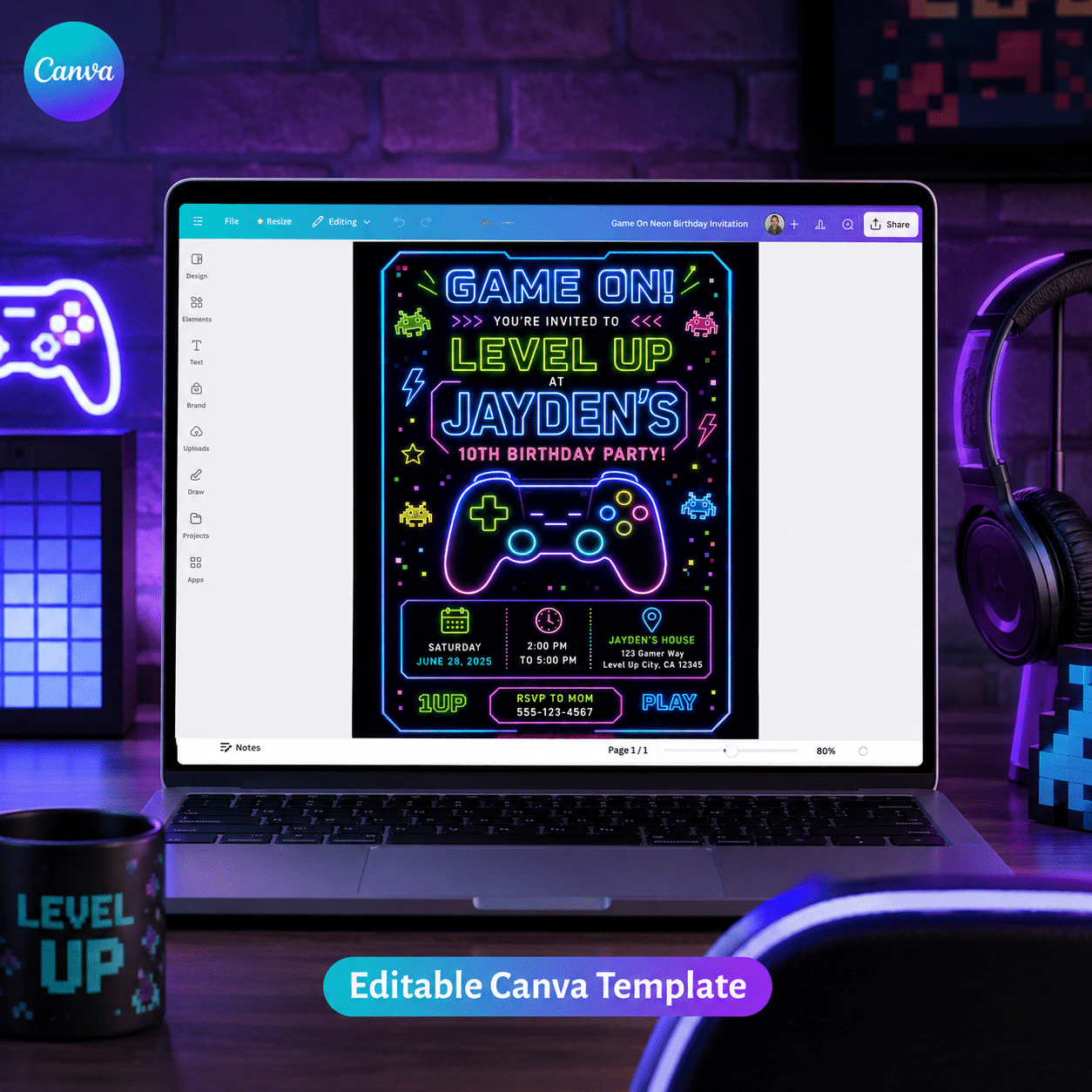 Neon Video Game Birthday Invitation | Canva Gamer Party - Image 5