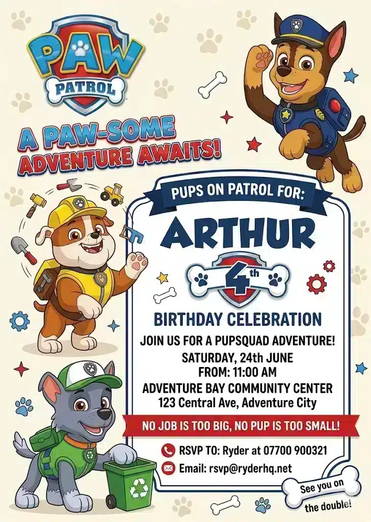 Paw Patrol Birthday Invitation Template - Editable Puppy Party Invite