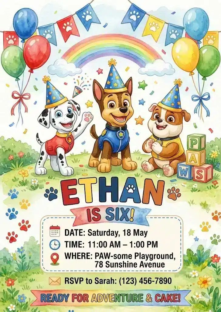 Paw-ty Birthday Invitation Template | Puppy Patrol Theme