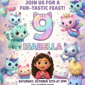 Gabby's Dollhouse Birthday Invitation - Editable Kitty Theme