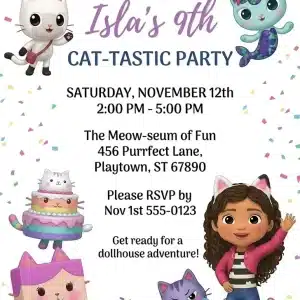 Gabby's Dollhouse Birthday Invitation | 8th Birthday Cat Party Template