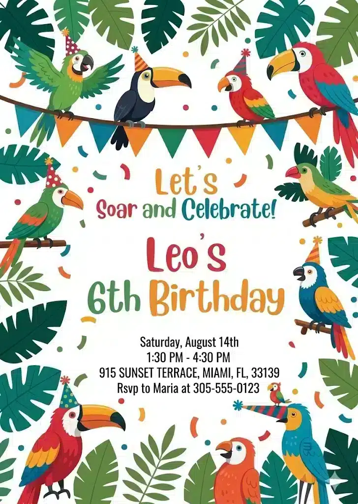Tropical Parrot Birthday Invitation | Jungle Safari Theme