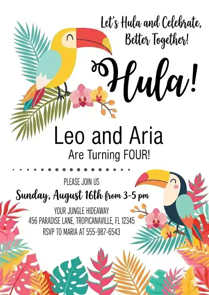 Colorful Toucan Birthday Invitation - Tropical Jungle Theme