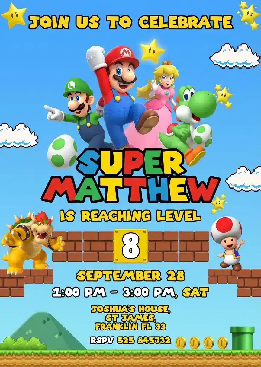 Super Mario Birthday Invitation | Gamer Party Template
