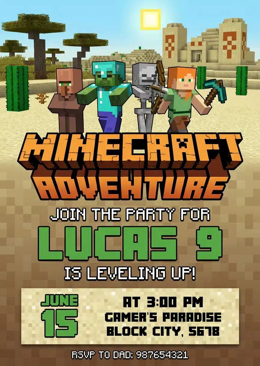 Minecraft Gamer Birthday Invitation - Pixel Gaming Template