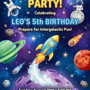 Astronaut Galaxy Space Rocket Birthday Invitation