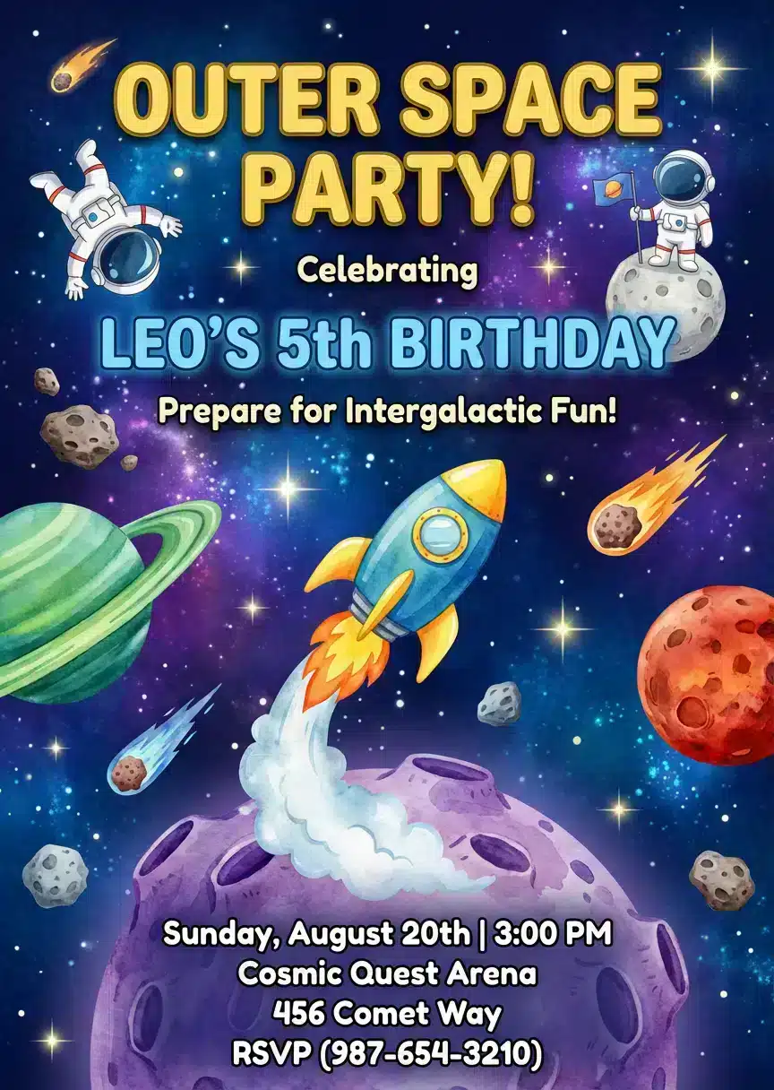 Astronaut Galaxy Space Rocket Birthday Invitation