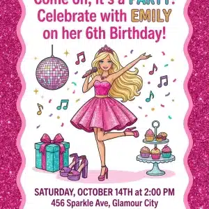 Pink Malibu Fashion Doll Birthday Invitation Template
