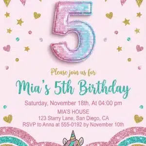 Girls Rainbow Sequin 5th Birthday Invitation | Pink Glitter Sparkle Party