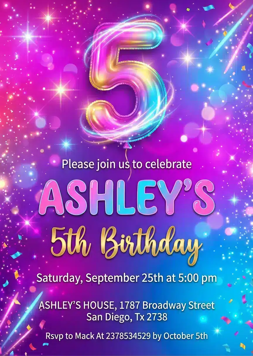 Colorful Rainbow 5th Birthday Invitation Template