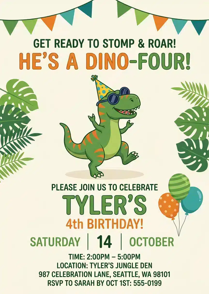 Dino Four 4th Birthday Invitation - T-Rex Dinosaur Party Template