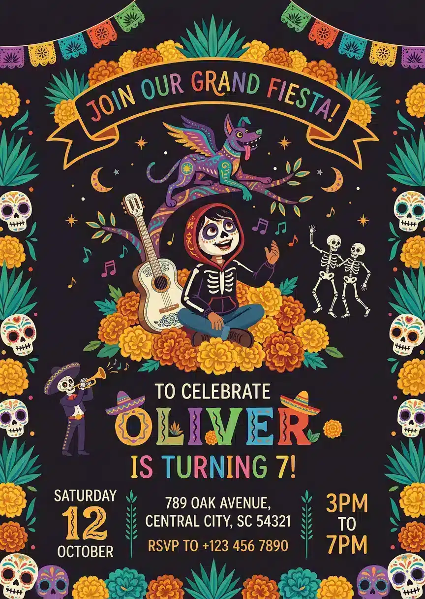 Coco Fiesta Birthday Invitation - Colorful Mexican Theme Kids Party Invite