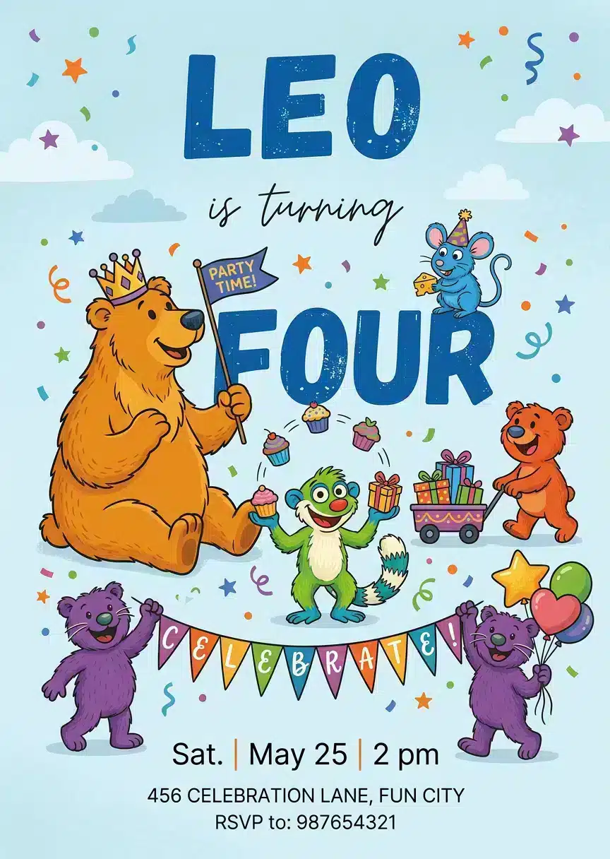 Beary First Birthday Invitation - Cute Bear Theme Party Invite