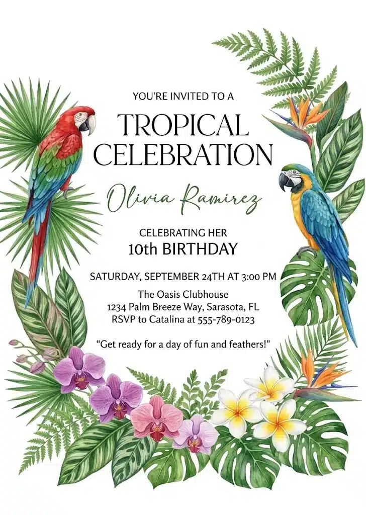 Tropical Luau Kids Birthday Invitation - Editable Template