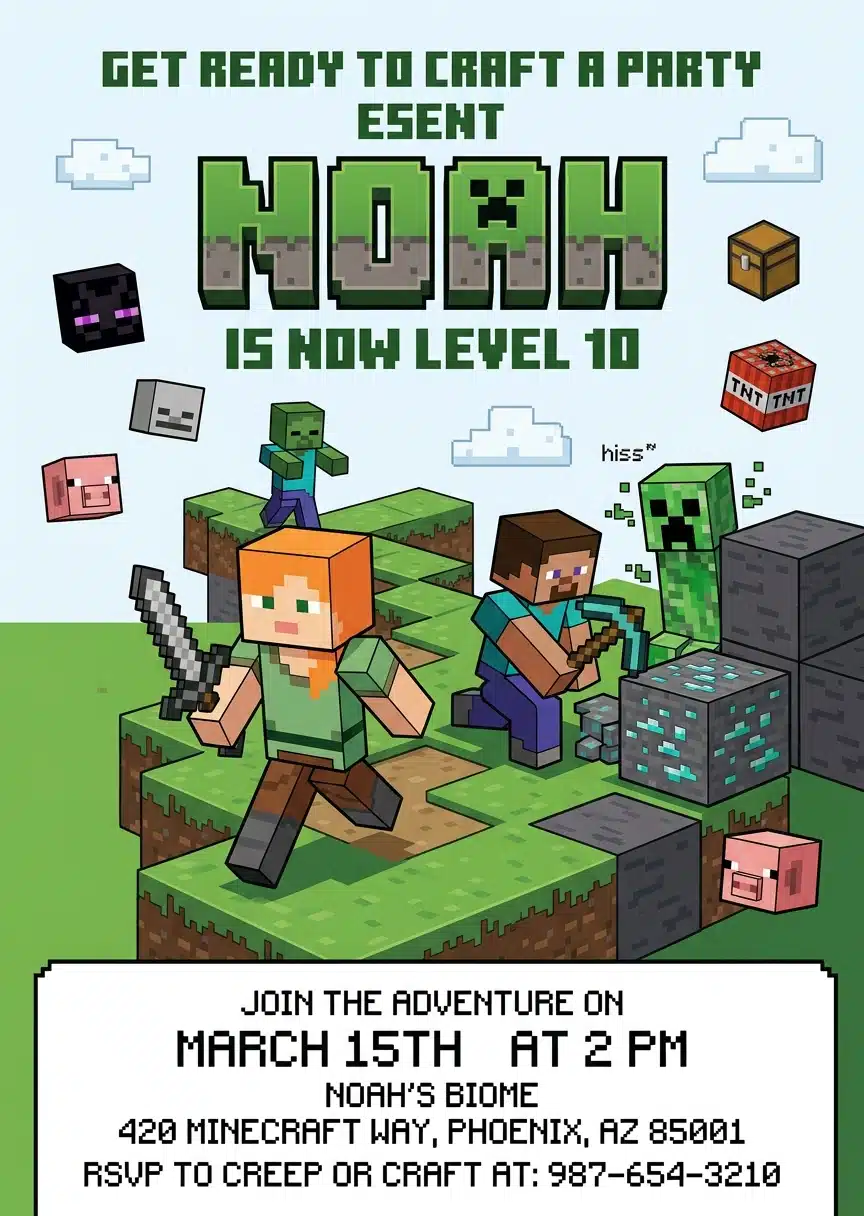 Pixel Block Gamer Birthday Invitation | Editable Video Game Party Template