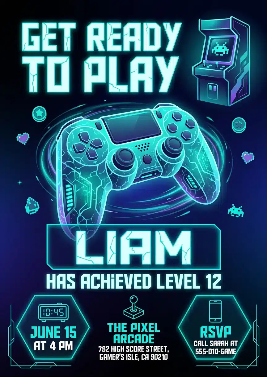 Level Up Blue Neon Video Game Birthday Invitation