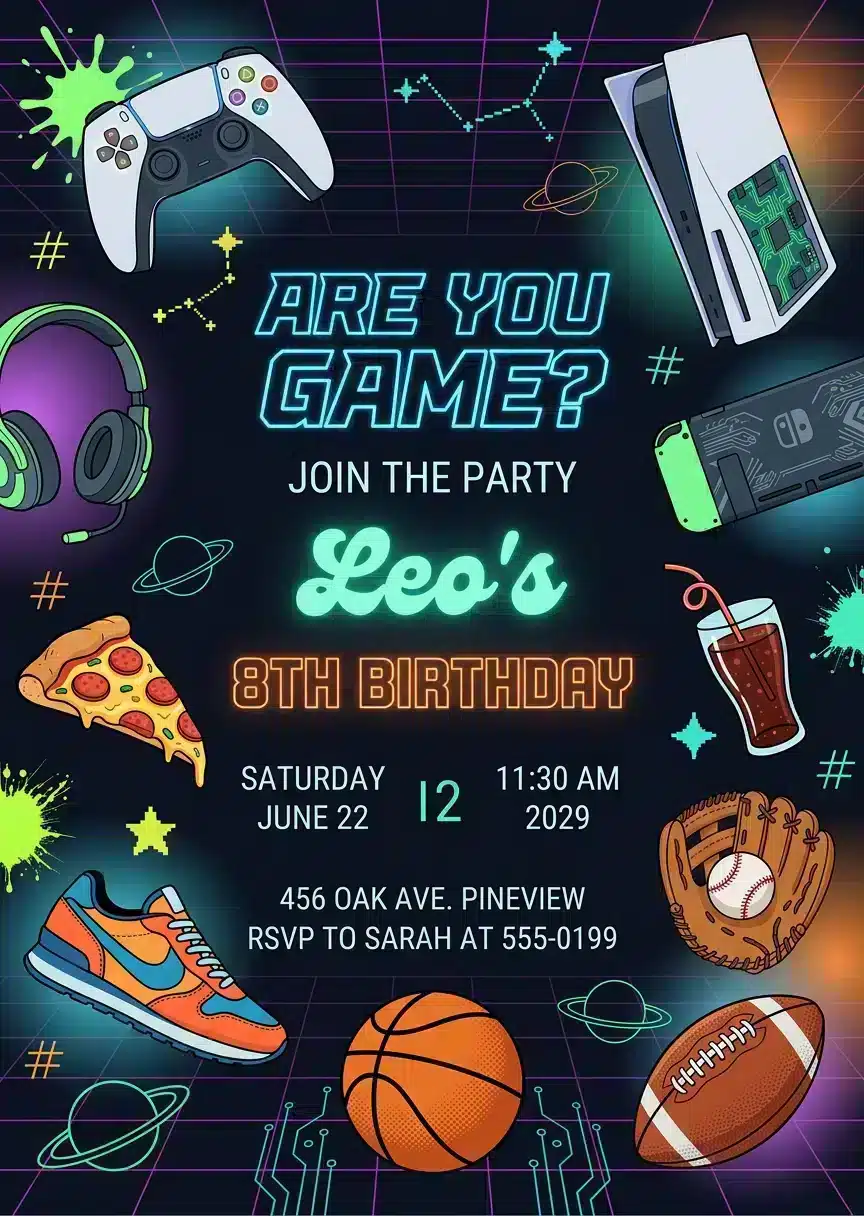 Bruh You In Birthday Invitation | Neon Gamer Sports Party Template