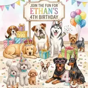 Rainbow Girl Puppy Birthday Invitation - Let's Pawty Invite