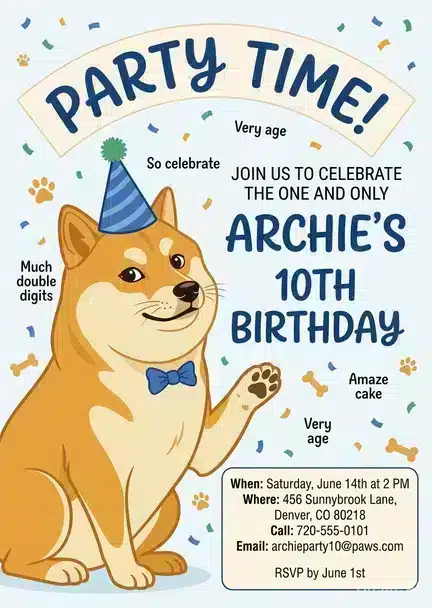 Shiba Inu Memecoin Birthday Invitation | Crypto Dog Party Invite