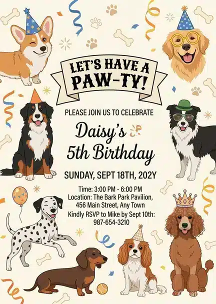 Let's Paw-ty Blue Puppy Dog Themed Birthday Invitation