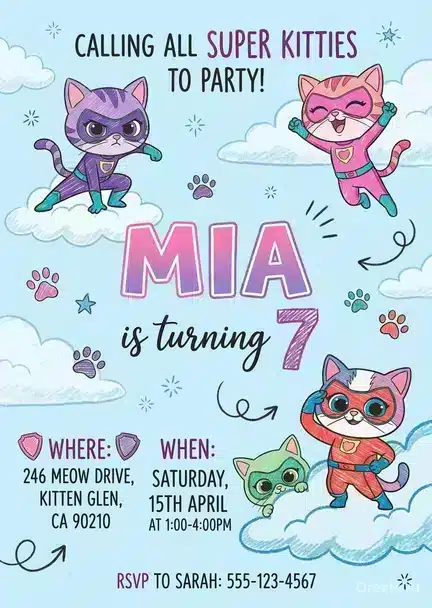 SuperKitties Birthday Invitation Template | Cute Kitten Party Invite