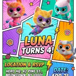 SuperKitties Birthday Invitation Template - Cute Kitten Party Invite
