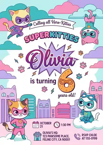 Super Kitties Birthday Invitation - Cute Super Kitty Party Invite