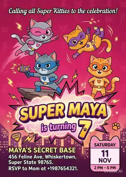 Super Kitties Birthday Invitation | Editable Hero Cat Party Template