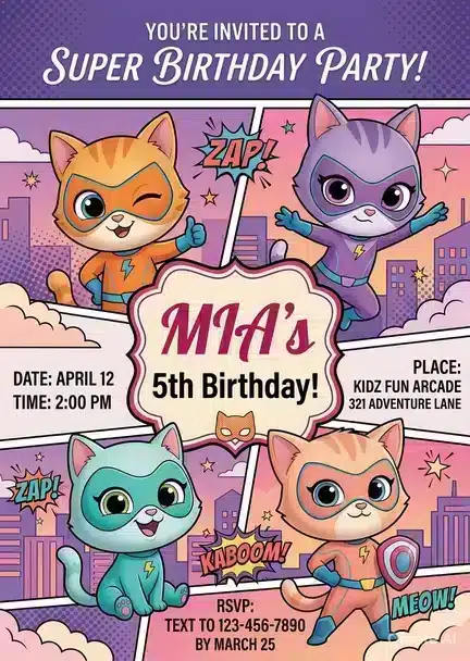 Super Kitties Birthday Invitation | Digital Party Template
