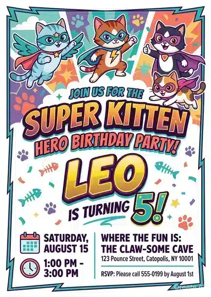 Super Kitties Birthday Invitation Template