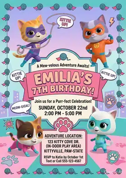 Super Kitties Birthday Invitation | Cute Kitten Party Invite