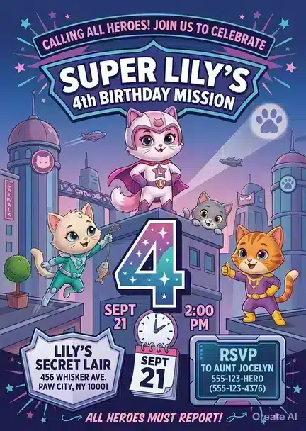 SuperKitties Birthday Invitation | Cute Kitten Party Template