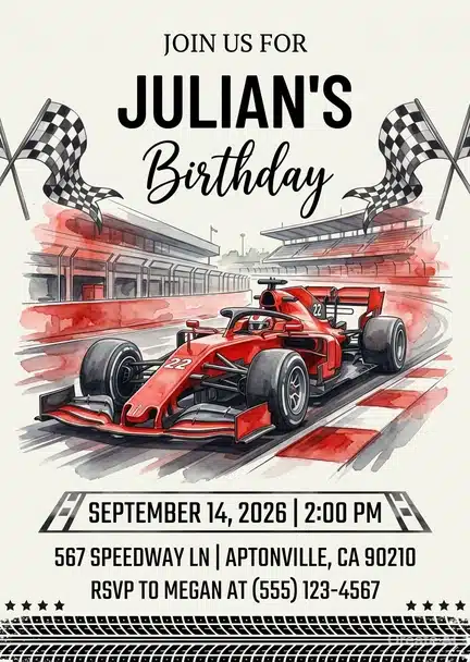 Watercolor Race Car Birthday Video Invitation - Grand Prix Theme