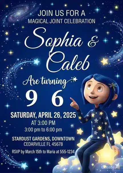 Blue Glitter Coraline 10th Birthday Invitation Template