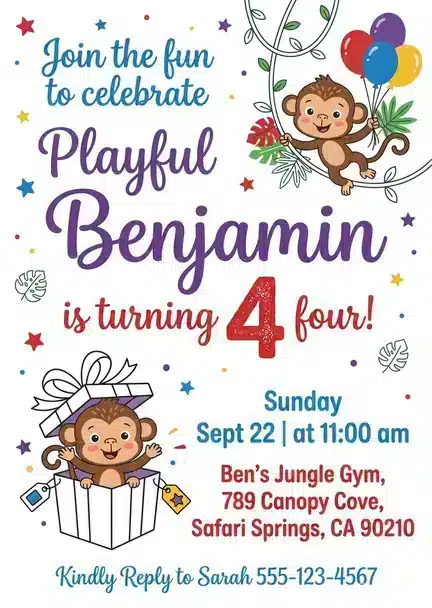 Curious George Birthday Invitation Template - Monkey Theme Party Invite