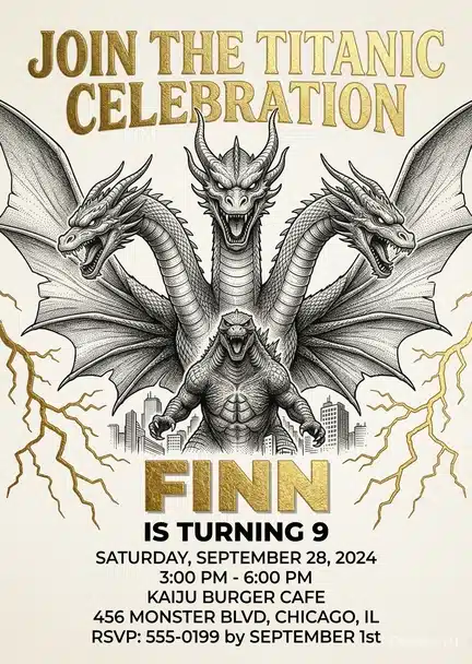 Godzilla Monster Birthday Invitation | Golden Kaiju Theme