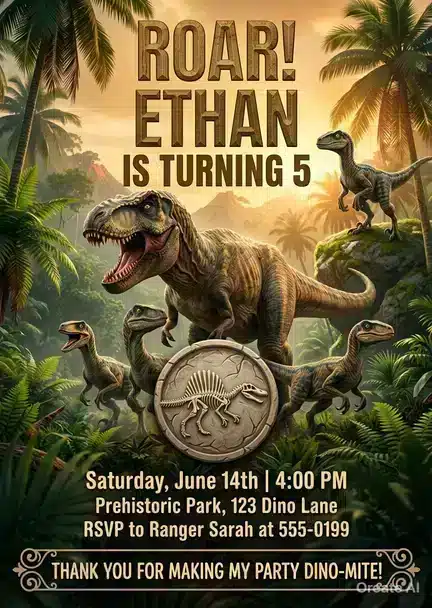 Realistic T-Rex Dinosaur Birthday Invitation for Boys