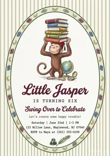 Vintage Curious George Birthday Invitation - Classic Monkey Theme