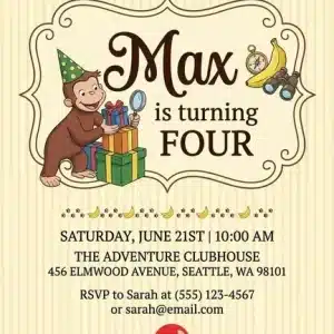 Curious Monkey Birthday Invitation - Yellow Jungle Theme