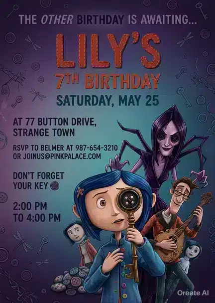 Coraline & Wybie Birthday Invitation | Spooky Birthday Party Template