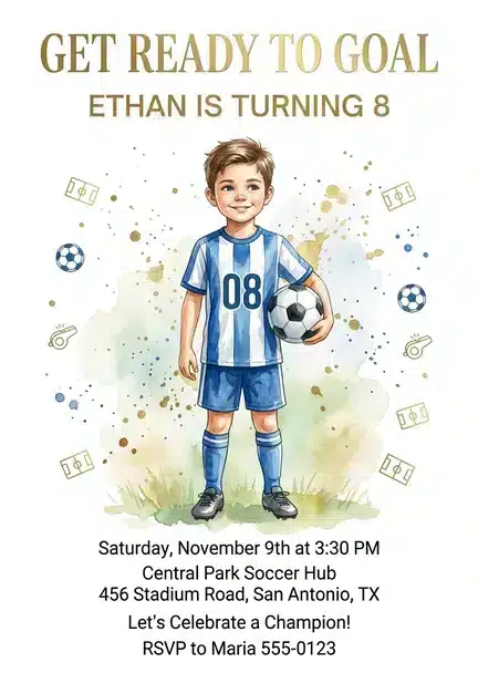 Watercolor Soccer Birthday Invitation for Boys & Free Thank You Tag