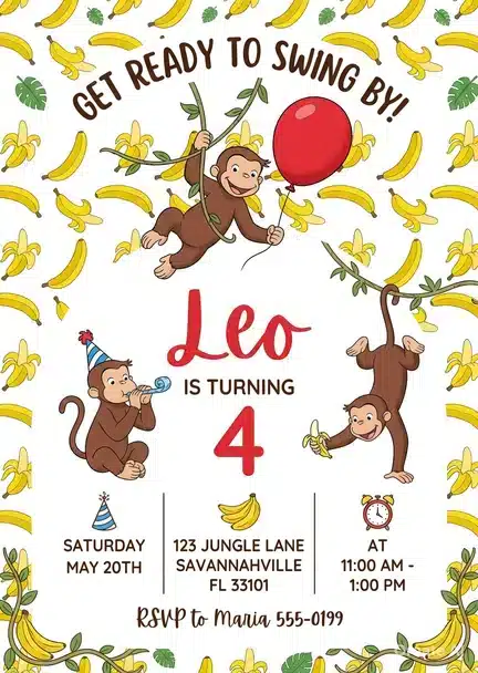 Curious George Birthday Invitation Template, Monkey Theme Party Invite