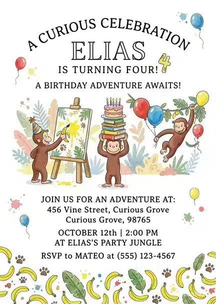 Curious George Birthday Invitation | Editable Digital Party Invite