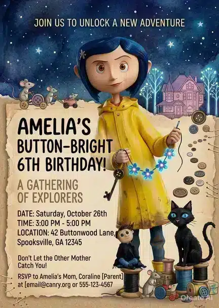 Coraline Birthday Invitation - Spooky & Whimsical Editable Template